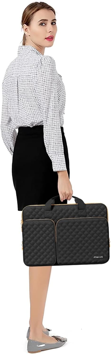 MOSISO 360 Protective Laptop Sleeve Compatible with MacBook Air 15 inch M3 M2 2024 2023/Pro 16 M3 M2 M1 2023-2019, 15-15.6 inch Notebook, Square Quilted Bag with 2 Pockets&Handle&Belt, Black iMosiso