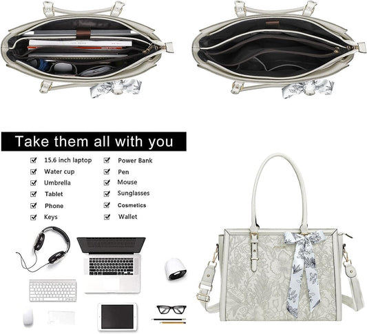 MOSISO Laptop Bag for Women, 15.6-16 inch PU Leathe Tote Bag Compatible with MacBook, HP, Dell, Asus Notebook, Front Embossed Retro Hibiscus Computer Bag with Silk Scarf&Clutch Purse, Beige iMosiso
