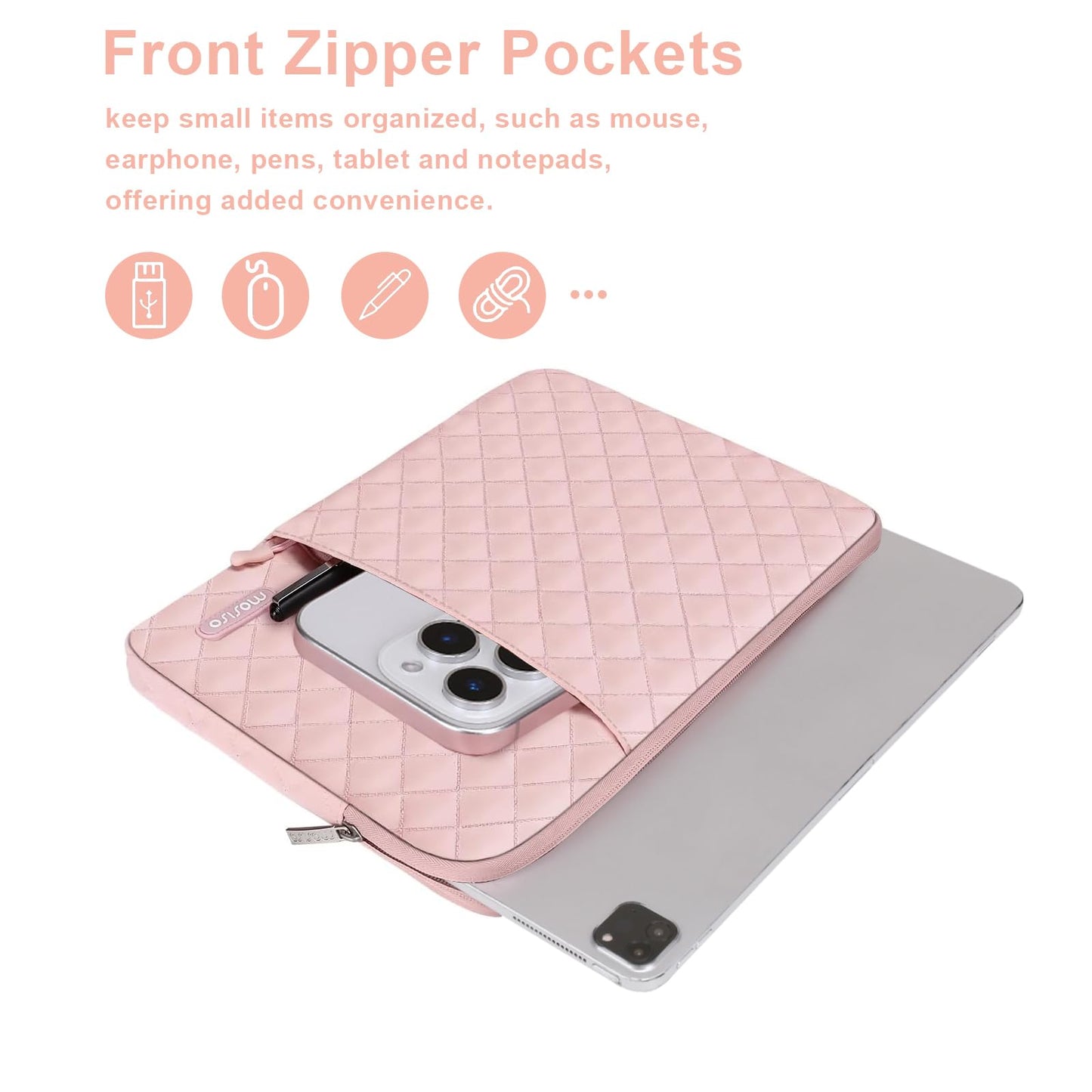 MOSISO 12.9 inch Tablet Sleeve Case for iPad Pro 13 M4 & iPad Air 13 M3 M2, iPad Pro 12.9 M2 M1 6/5th with Magic Keyboard&Smart Keyboard Folio, Square Quilted Vertical Bag with Small Case, Chalk Pink