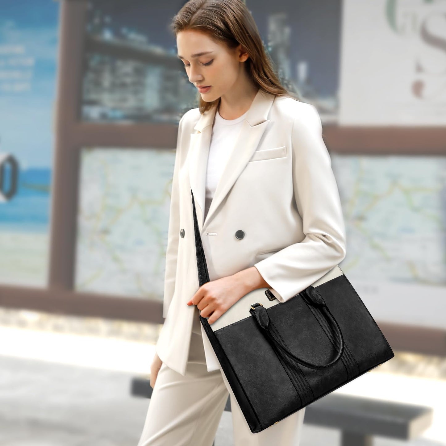 MOSISO Laptop Bag for Women, 15.6 inch PU Leather Laptop Tote Work Bags, 15.6-16 inch Large Capacity Double Vertical Stripes Computer Briefcase Waterproof Bag for Office Travel, Black