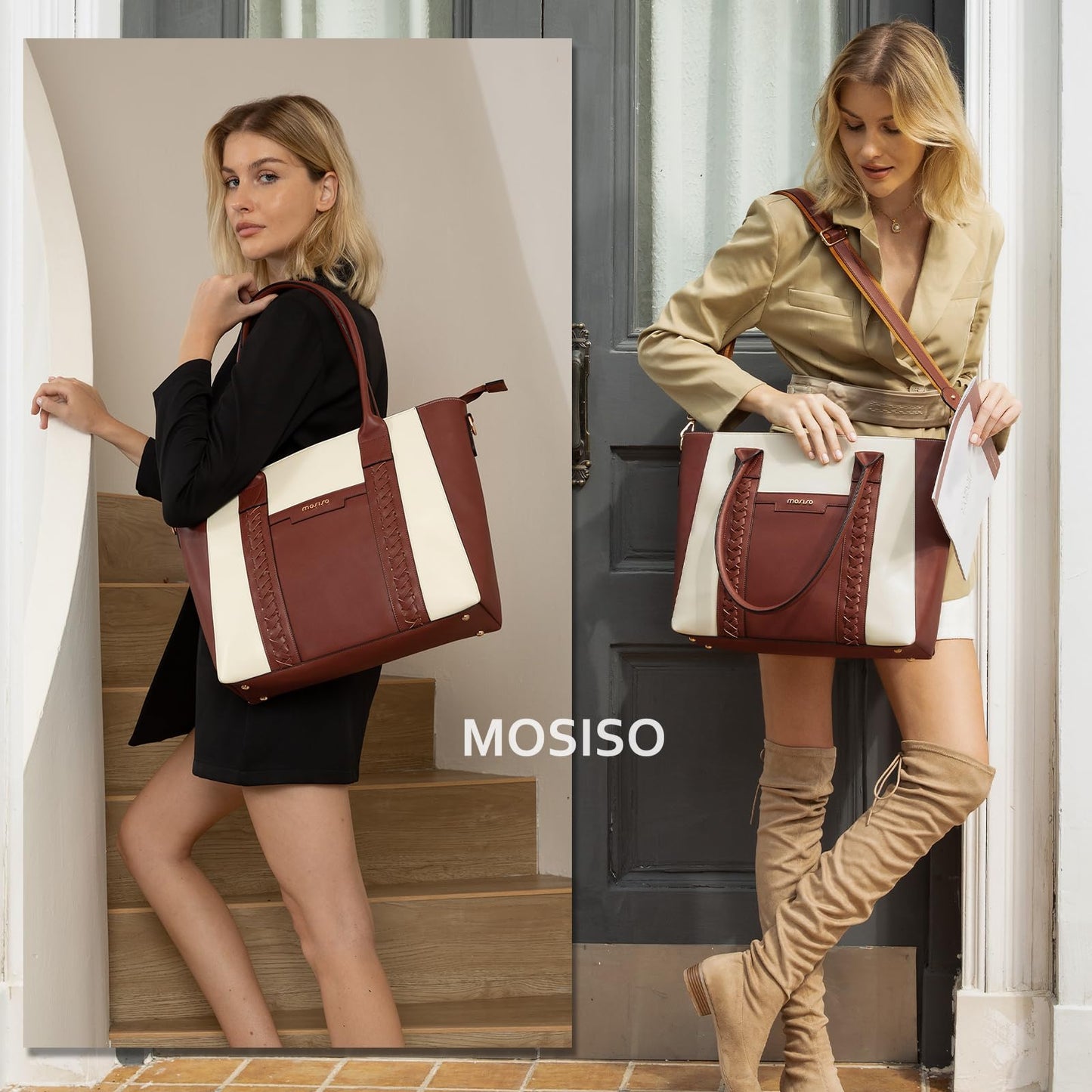 MOSISO Laptop Tote Bag for Women, 15.6 inch PU Leather Work Bag with Double Weave Strips & Clutch Purse, Waterproof Computer Briefcase Shoulder Handbag for Business Office, Brown