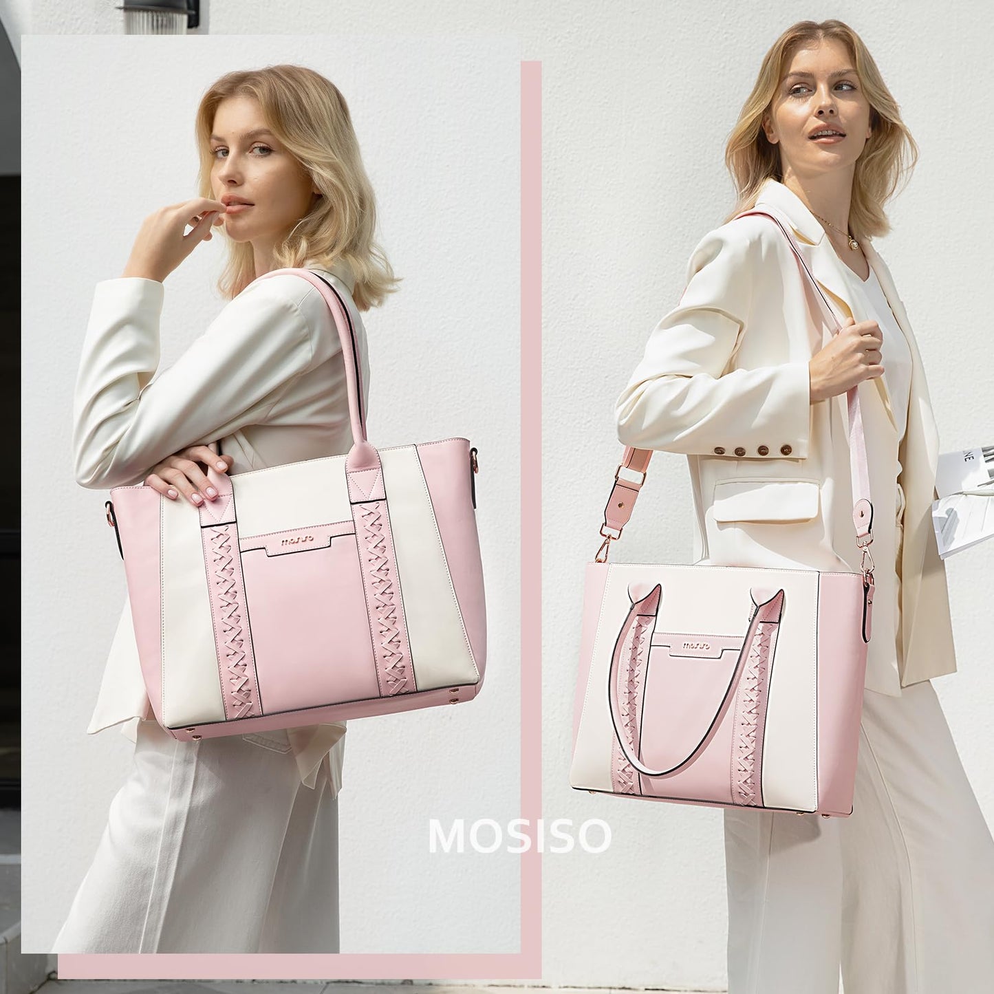MOSISO Laptop Tote Bag for Women, 15.6 inch PU Leather Work Bag with Double Weave Strips & Clutch Purse, Waterproof Computer Briefcase Shoulder Handbag for Business Office, Pink