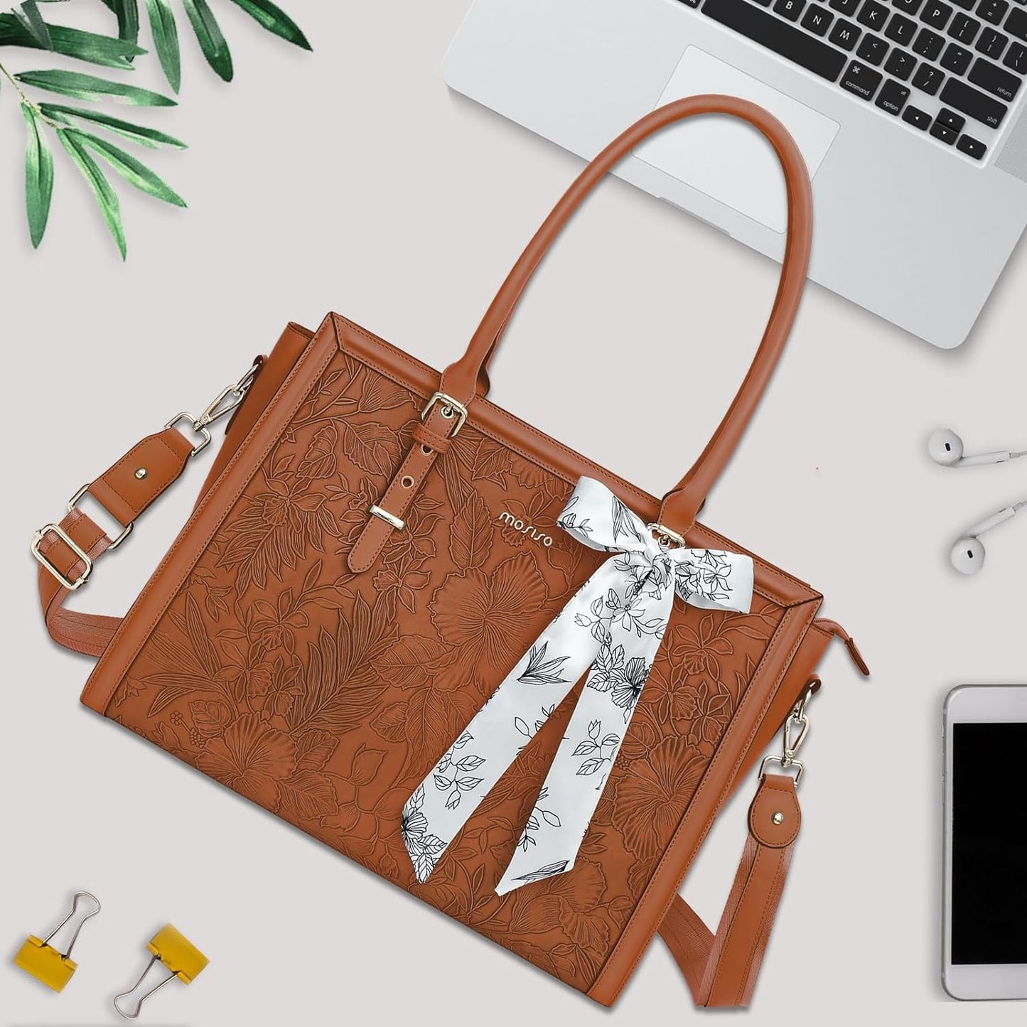 MOSISO Laptop Bag for Women, 15.6-16 inch PU Leathe Tote Bag Compatible with MacBook, HP, Dell, Asus Notebook, Front Embossed Retro Hibiscus Computer Bag with Silk Scarf&Clutch Purse, Brown iMosiso