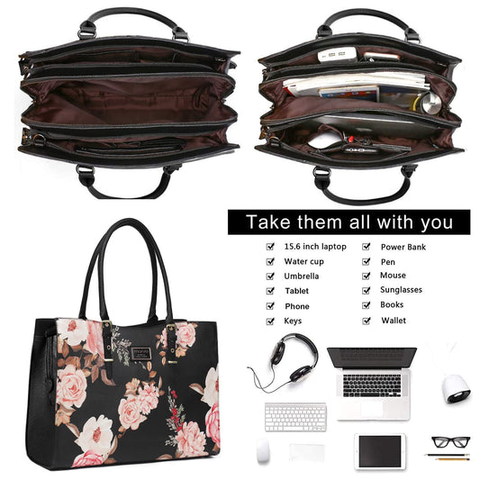 MOSISO Laptop Tote Bag Compatible with MacBook Air 15 inch M3 M2/Pro 16 M4 M3 M2 M1 & 15-15.6 inch Notebook, Peony Waterproof PU Leather Travel Work Briefcase with Adjustable PU Handle, Black