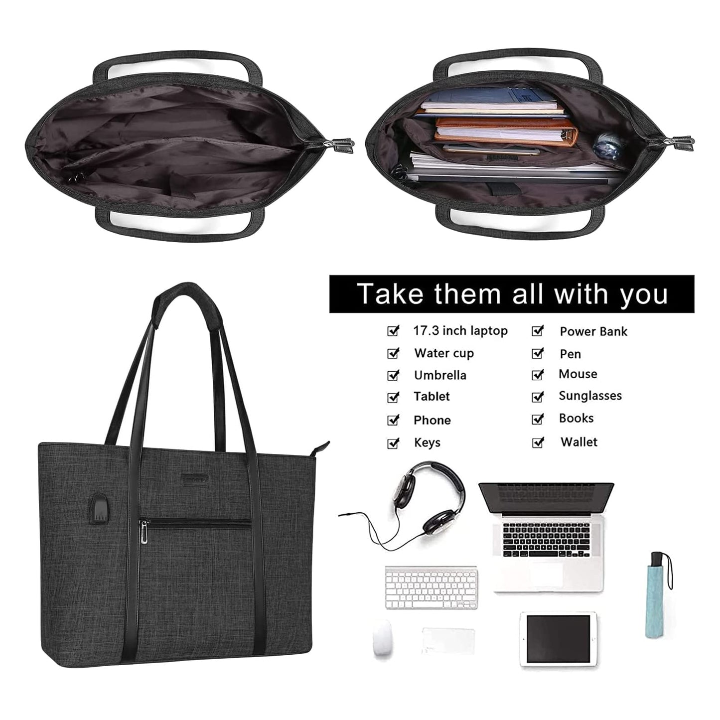 MOSISO USB Port Laptop Tote Bag for Women,Compatible with MacBook, 15-17.3 inch Notebook and Chromebook, Work Travel Business Computer Bag with Small Purse, Black iMosiso