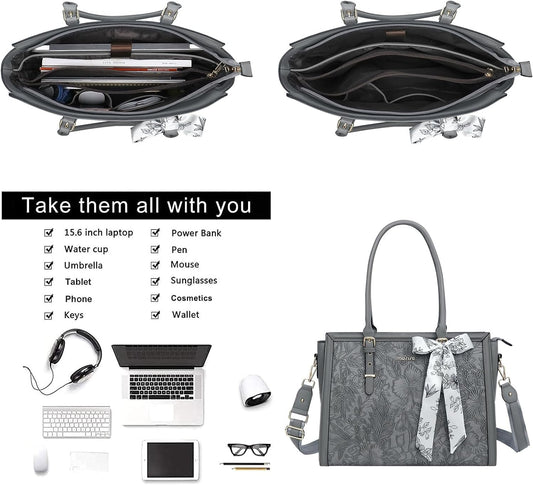 MOSISO Laptop Bag for Women, 15.6-16 inch PU Leathe Tote Bag Compatible with MacBook, HP, Dell, Asus Notebook, Front Embossed Retro Hibiscus Computer Bag with Silk Scarf&Clutch Purse, Gray iMosiso