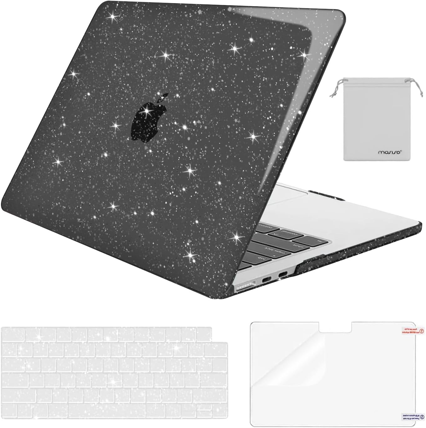 MOSISO Compatible with MacBook Air 13 inch Case 2025 2024 2023 2022 M4 A3240 M3 A3113 M2 A2681, Sparkly Glitter Hard Shell&Keyboard Cover&Screen Film&Pouch for MacBook Air 13.6 inch Case, Black iMosiso