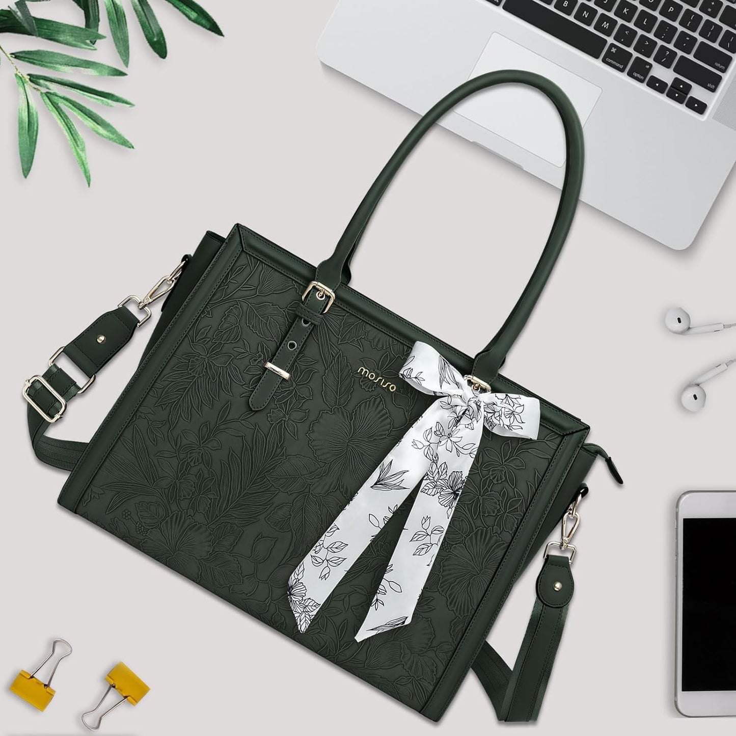 MOSISO Laptop Bag for Women, 15.6-16 inch PU Leathe Tote Bag Compatible with MacBook, HP, Dell, Asus Notebook, Front Embossed Retro Hibiscus Computer Bag with Silk Scarf&Clutch Purse, Emerald Green iMosiso