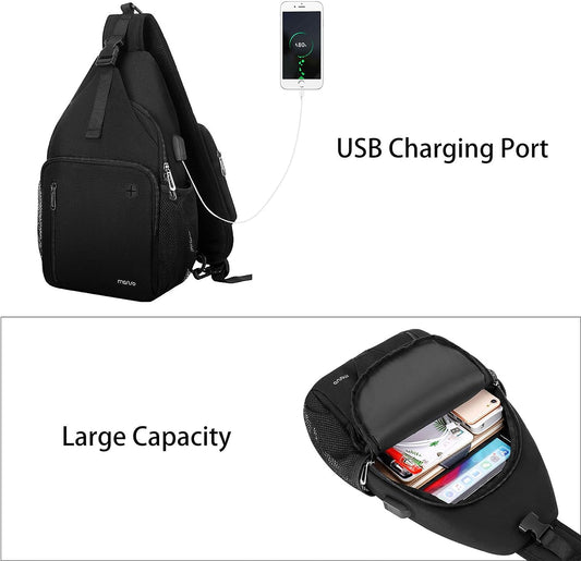 MOSISO Sling Backpack Bag, Crossbody Shoulder Bag Travel Hiking Daypack Chest Bag with Front Square Pocket&USB Charging Port,Black iMosiso