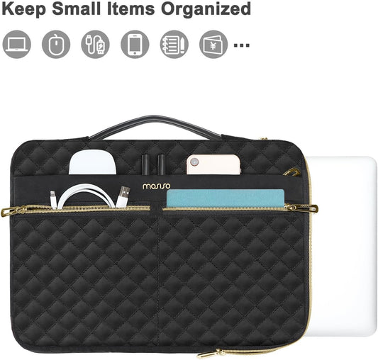MOSISO 360 Protective 13-14 inch Laptop Sleeve Compatible with MacBook Air/Pro, 13-13.3 inch Notebook, Compatible with MacBook Pro 14, Square Quilted Side Open Bag with 3 Pockets&Handle&Belt, Black iMosiso