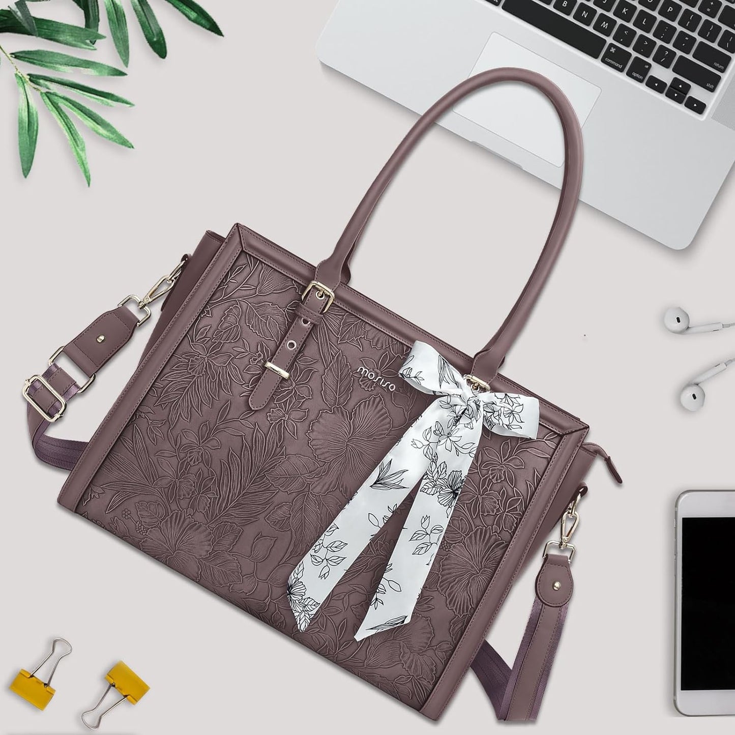 MOSISO Laptop Bag for Women, 15.6-16 inch PU Leathe Tote Bag Compatible with MacBook, HP, Dell, Asus Notebook, Front Embossed Retro Hibiscus Computer Bag with Silk Scarf&Clutch Purse, Slate Purple iMosiso