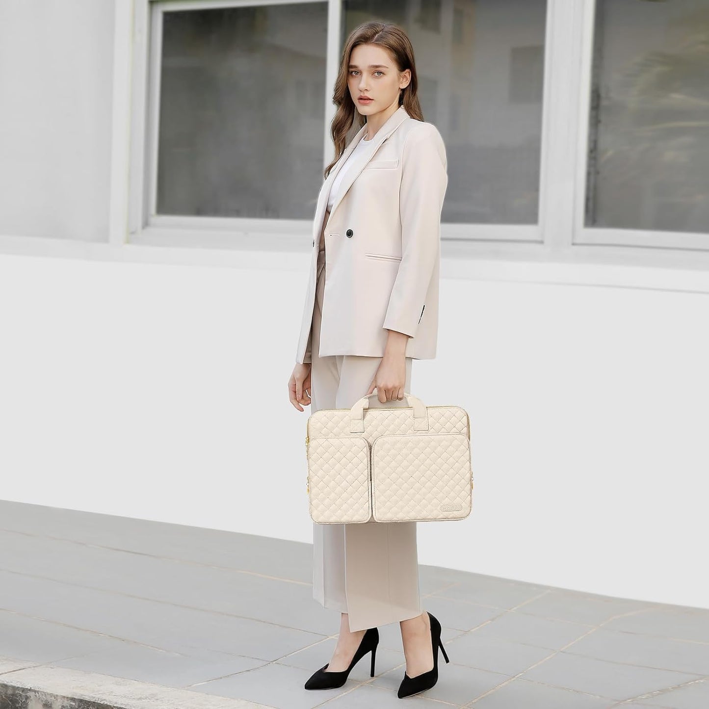 MOSISO 360 Protective Laptop Sleeve Compatible with MacBook Air/Pro,13-13.3 inch Notebook,Compatible with MacBook Pro 14 M3 M2 M1 2024-2021, Square Quilted Bag with 2 Pockets&Handle&Belt, Sand iMosiso