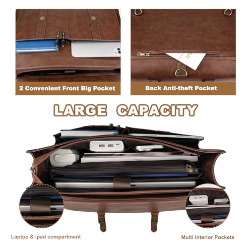 MOSISO Messenger Bag for Men Women, 15.6 inch Vintage PU Leather Laptop Shoulder Briefcase Satchel Bag, 15-16 inch Computer Bag Casual Handbag for Office Work Briefcase Travel Business College, Brown