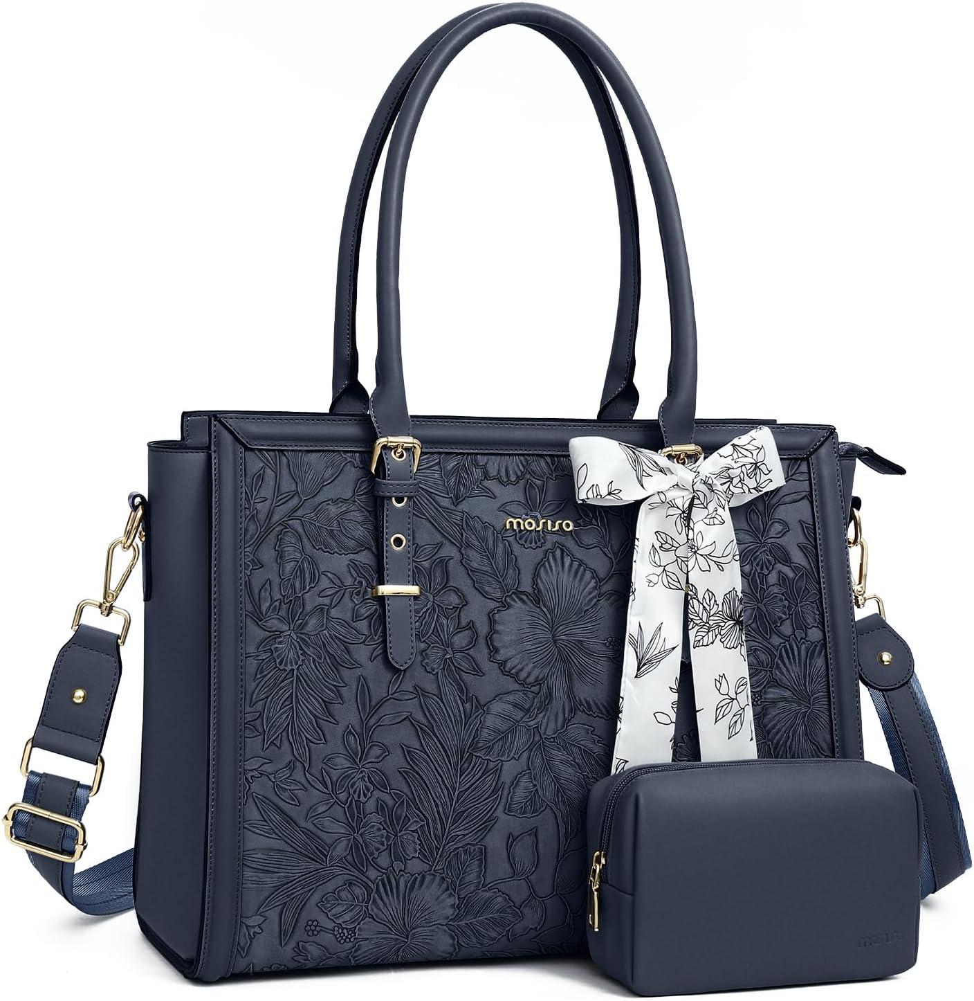 MOSISO Laptop Bag for Women, PU Leather Tote Bag, Front Embossed Retro Hibiscus Computer Bags with Silk Scarf&Clutch Purse iMosiso