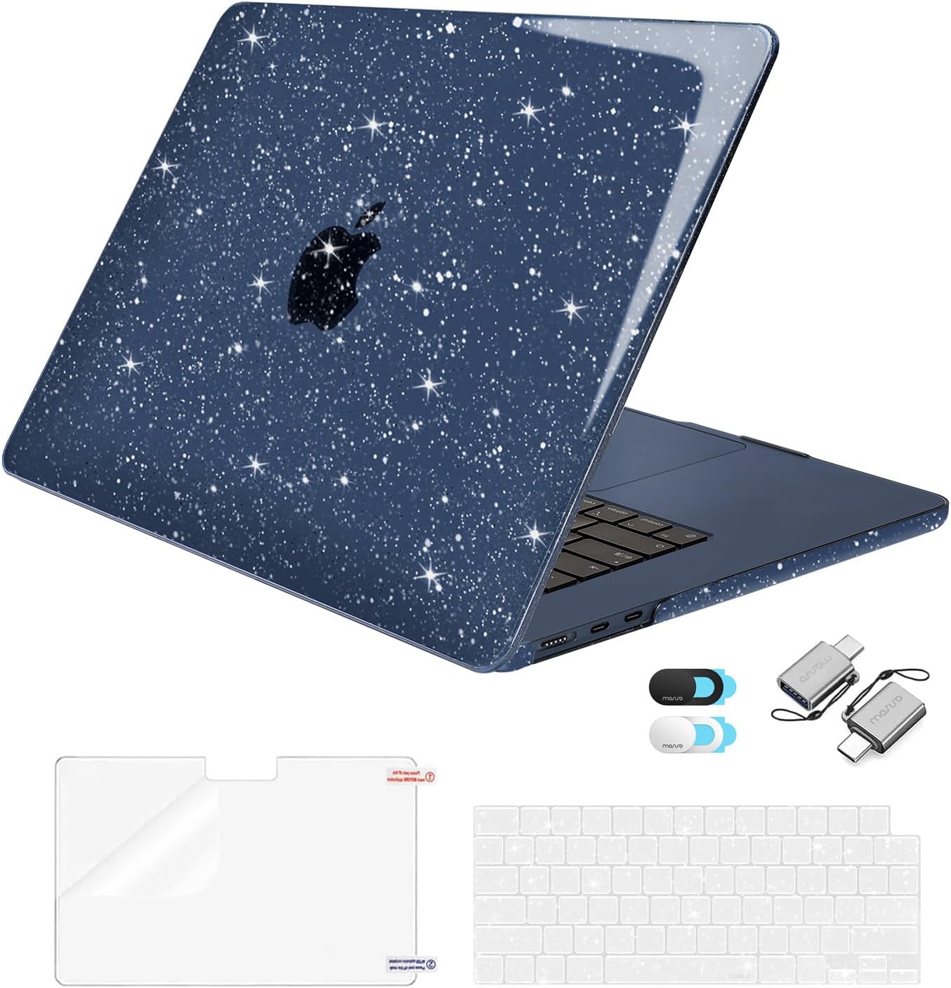 MOSISO Compatible with MacBook Air 15 inch Case M5 2026 M4 2025 M3 2024 M2 2023 A3448 A3241 A3114 A2941, Sparkly Glitter Plastic Hard Shell&Keyboard Cover&Screen Film&Webcam Cover&Type C