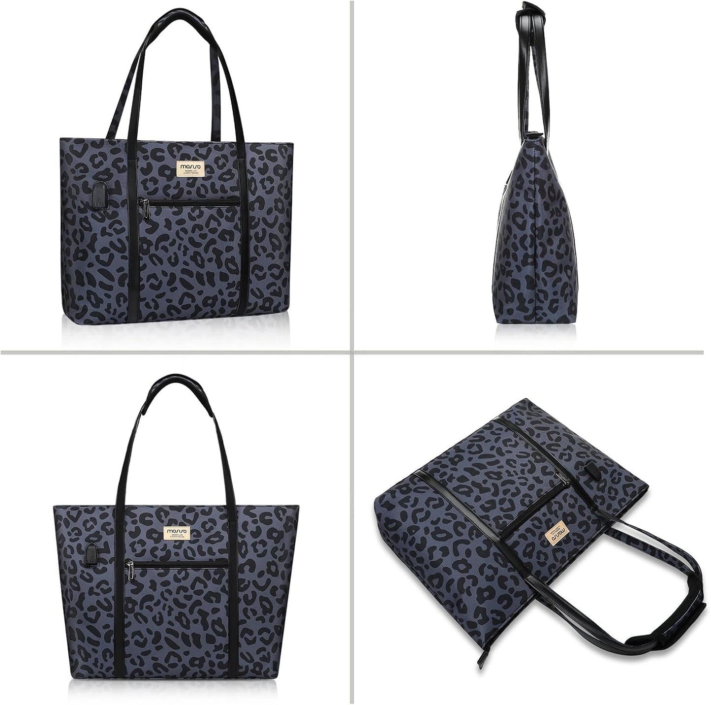 MOSISO USB Charging Port Laptop Bags for Women, Compatible with MacBook, 17-17.3 inch Notebook and Chromebook, Leopard Grain Work Tote Bag Travel Handbag Business Computer Bag with Small Purse, Black iMosiso