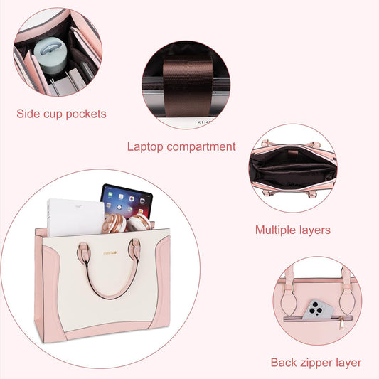 MOSISO Laptop Tote Bag for Women, 15.6 inch Waterproof PU Leather Laptop Bag, Vertical Curved Line Computer Briefcase, Large Capacity Teacher Work Handbag for Business Office, Pink