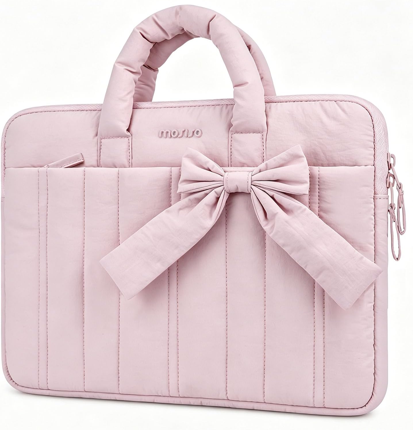 MOSISO Laptop Case 13.3-16 inch,Puffy Laptop Sleeve, Pink | Compatible with MacBook Neo/Air/Pro,HP Dell ASUS Lenovo, Rectangle Quilted Carrying Bag with Bow&Handle&Soft Lining