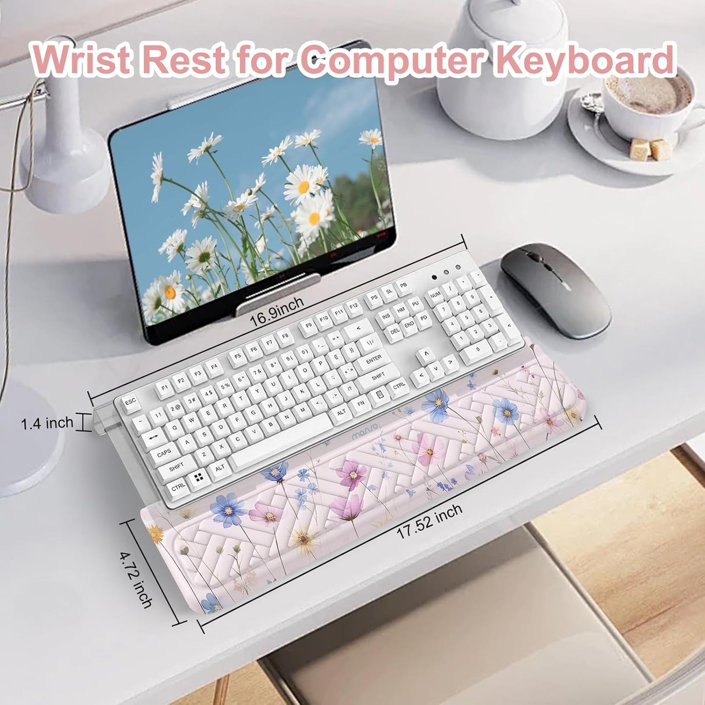 MOSISO Wrist Rest for Keyboard&Keyboard Stand Set, Cosmos Flowers Ergonomic Wrist Rest Pad, Non-Slip Woven Stripes Cushion with Easy Typing Working Acrylic Clear Holder for Office Home, Pink