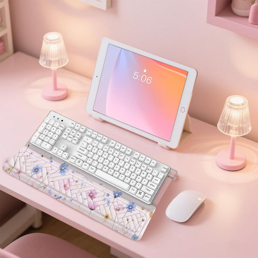 MOSISO Wrist Rest for Keyboard&Keyboard Stand Set, Cosmos Flowers Ergonomic Wrist Rest Pad, Non-Slip Woven Stripes Cushion with Easy Typing Working Acrylic Clear Holder for Office Home, Pink