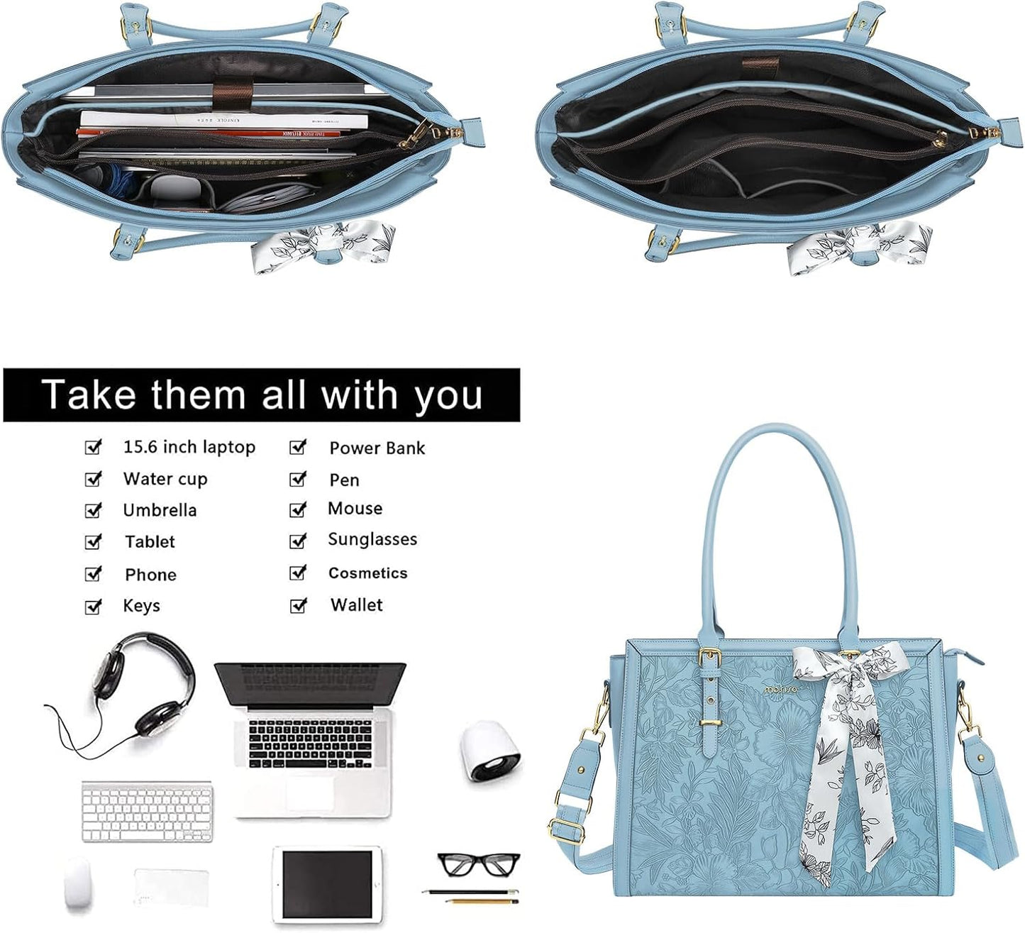 MOSISO Laptop Bag for Women, PU Leather Tote Bag, Front Embossed Retro Hibiscus Computer Bags with Silk Scarf&Clutch Purse iMosiso