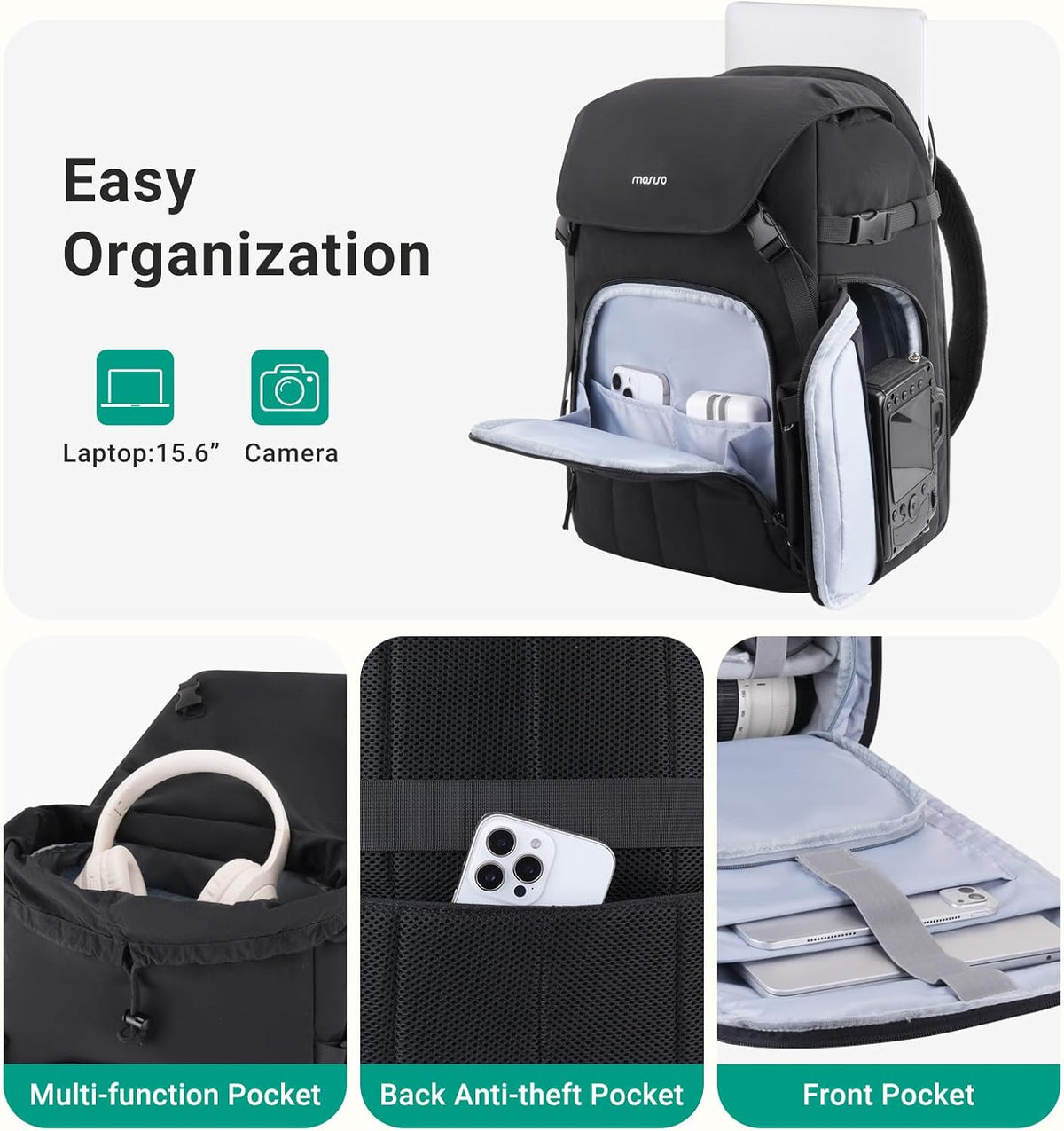 MOSISO Practical Photography Backpack, DSLR Mirrorless Compatible, Modular Removable Inserts, 15.6 Laptop Slot & Included Rain Cover