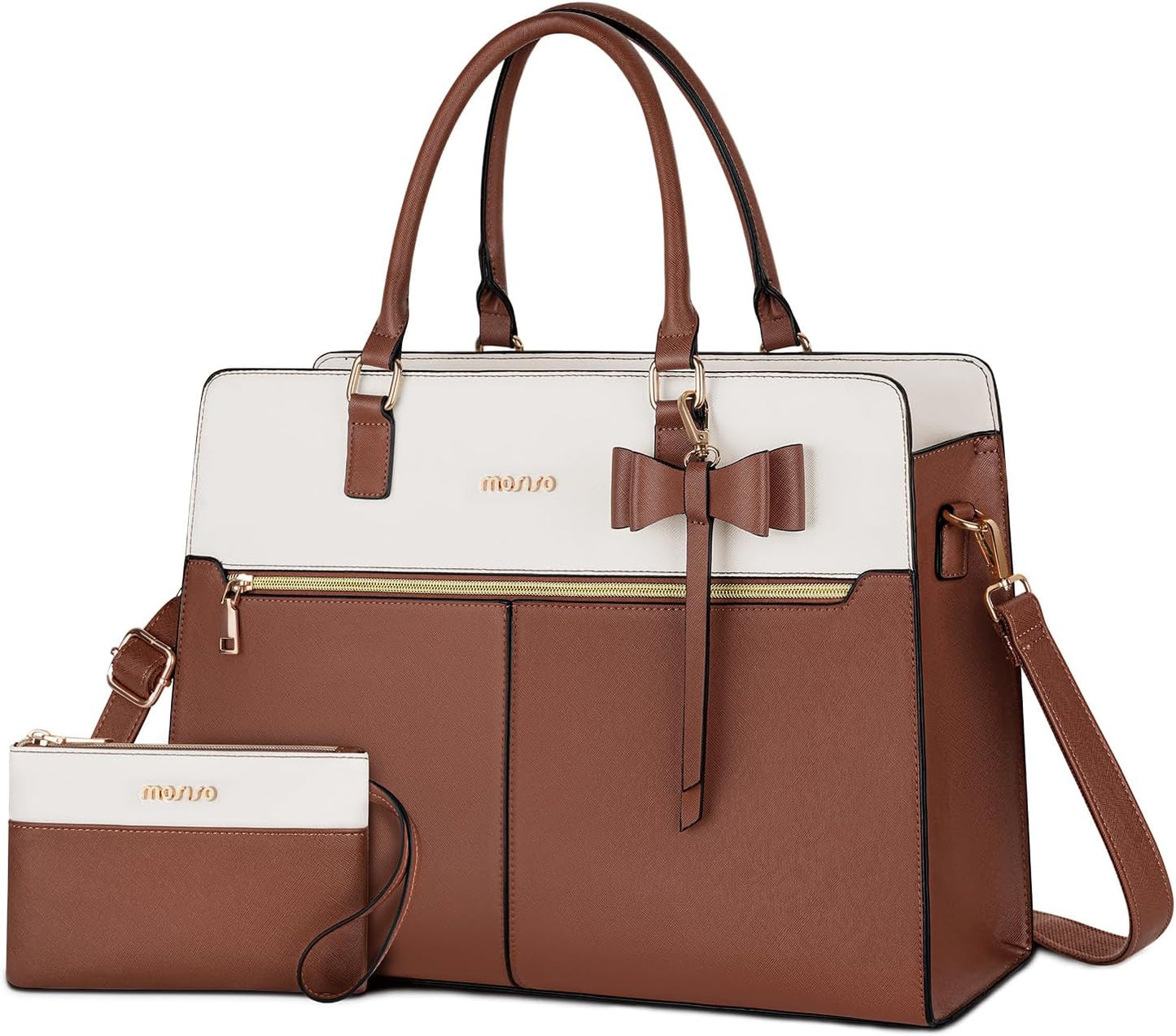 MOSISO Laptop Tote Bag for Women, 15.6/17.3 inch Waterproof PU Leather Work Bag with Clutch Purse & Bowknot, Large Capacity Handbag Shoulder Computer Bags Work Briefcase for Business Teacher Office