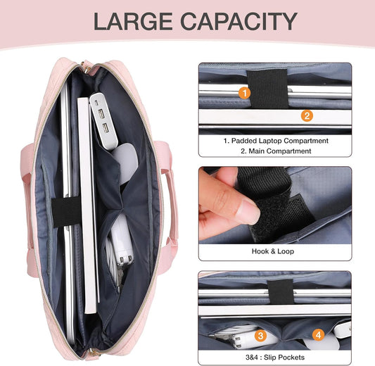 MOSISO Laptop Bag for Women, 15.6 inch Computer Bag Compatible with MacBook 16 inch, HP, Dell, Lenovo, Asus, Razer Notebook, Square Quilted Thicken Messenger Bag with 3 Pockets & Strap & Belt, Pink iMosiso