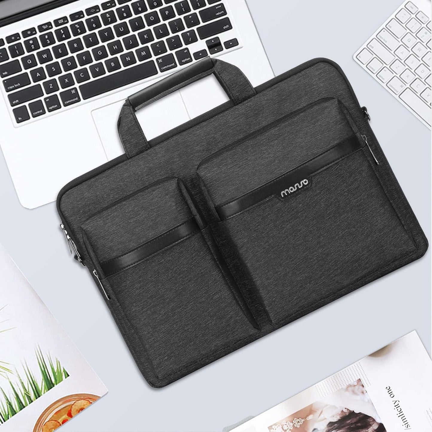 MOSISO Laptop Shoulder Bag,15 inch Computer Bag Compatible with MacBook, HP, Dell, Lenovo, Asus Notebook,15.6 inch Laptop Sleeve Bag with 2 Raised Zipper Pockets & Hidden Pockets & Handle & Belt,Black iMosiso