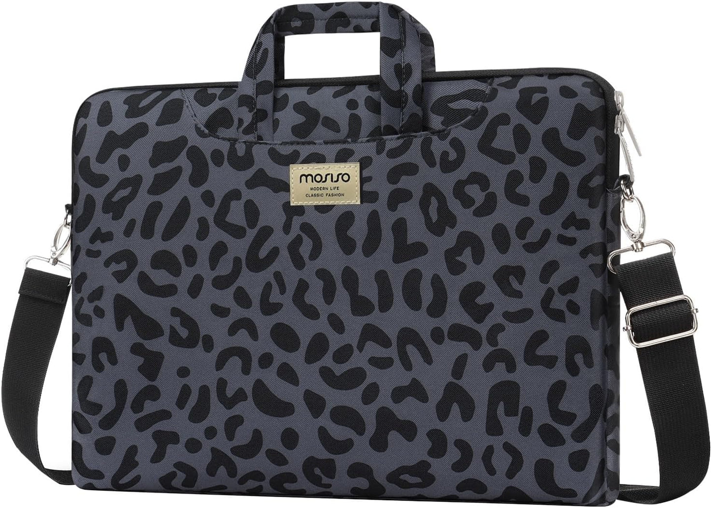 MOSISO Laptop Shoulder Bag, 15.6 inch Computer Bags Compatible with MacBook Air 15 inch M4 M3 M2/Pro 16 M4 M3 M2 M1 2025-2019, 15-15.6 inch Notebook, Leopard Grain Briefcase Sleeve with Belt
