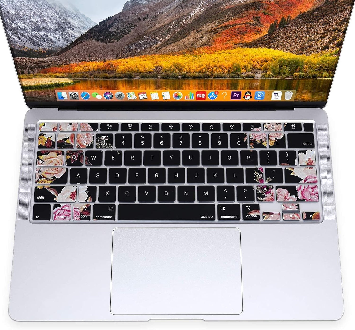 MOSISO Peony Keyboard Cover Only Compatible with MacBook Air 13 inch 2021 2020 Release A2337 M1 A2179 Retina Display with Touch ID Backlit Magic Keyboard, Waterproof Protective Silicone Skin, Black