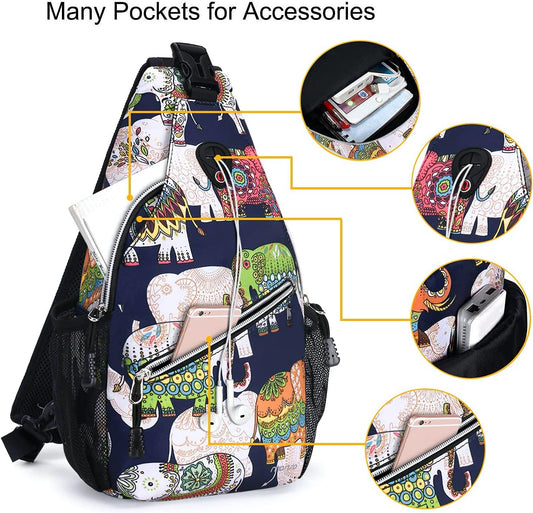 MOSISO Mini Sling Backpack,Small Hiking Daypack Pattern Travel Outdoor Sports Bag, Elephant