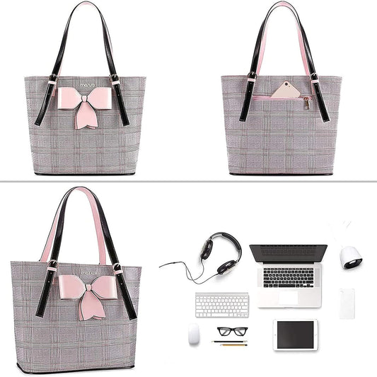 MOSISO Laptop Bag for Women Compatible with MacBook Air 15 inch M2 A2941 2023/Pro 16 inch M3 M2 M1 2023-2019, PU Leather Large Capacity Travel Briefcase with Bowknot Grid MO-GID001GYPK iMosiso