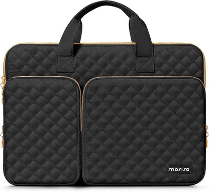 MOSISO 360 Protective Laptop Sleeve Compatible with MacBook Air 15 inch M3 M2 2024 2023/Pro 16 M3 M2 M1 2023-2019, 15-15.6 inch Notebook, Square Quilted Bag with 2 Pockets&Handle&Belt, Black iMosiso