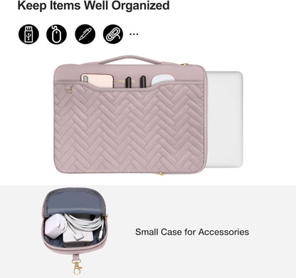 MOSISO 13-14 inch 360 Protective Laptop Sleeve Compatible with MacBook Air/Pro, 13-13.3 inch Notebook, Compatible with MacBook Pro 14, Rectangle Quilted Bag with Handle&Pocket&Small Case&Belt, Pink iMosiso