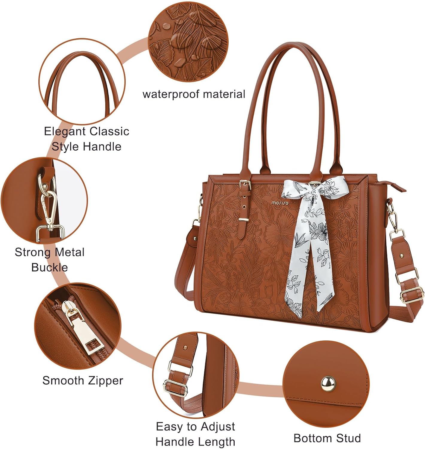 MOSISO Laptop Bag for Women, 15.6-16 inch PU Leathe Tote Bag Compatible with MacBook, HP, Dell, Asus Notebook, Front Embossed Retro Hibiscus Computer Bag with Silk Scarf&Clutch Purse, Brown iMosiso