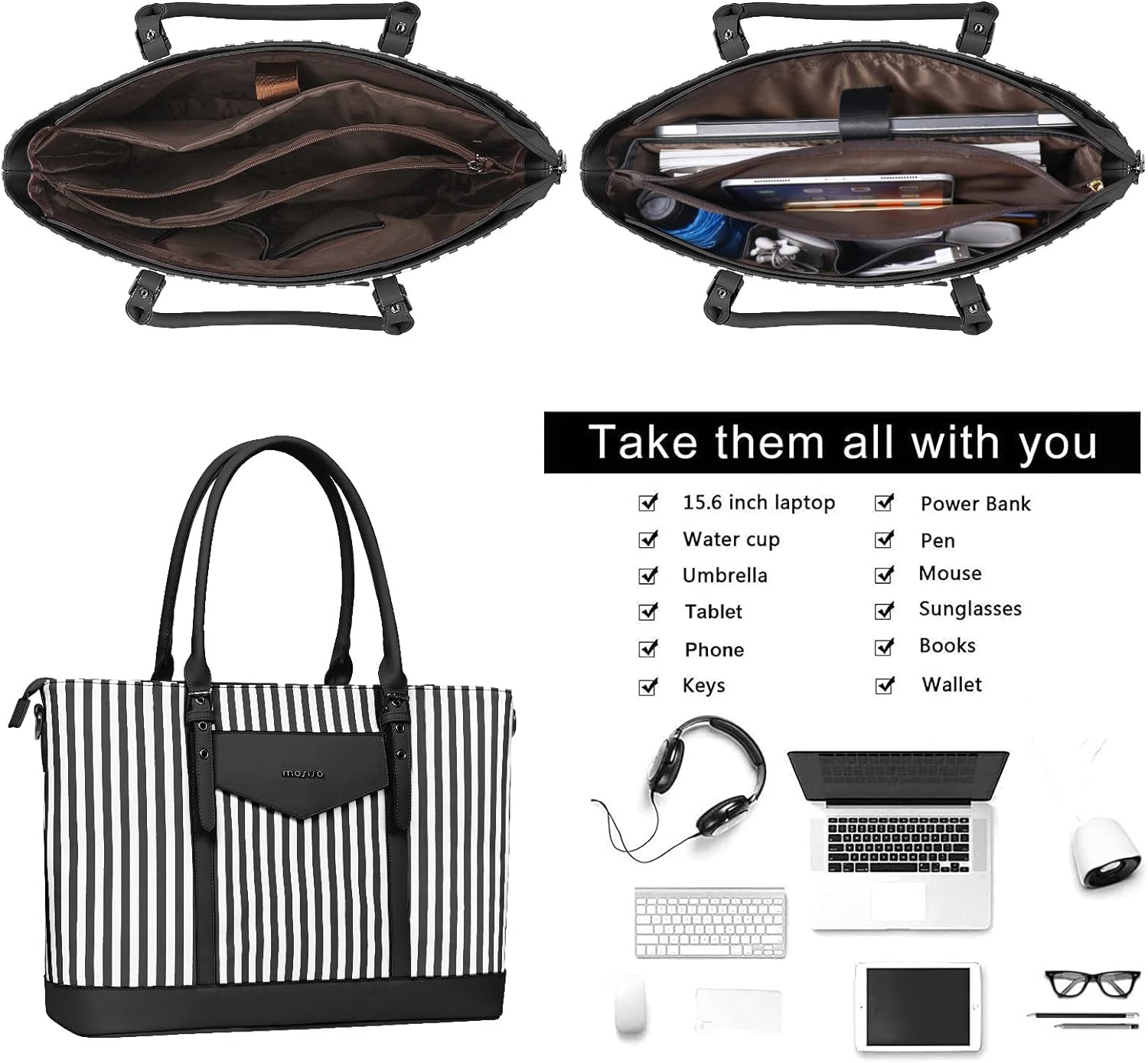MOSISO Laptop Tote Bag for Women Compatible with MacBook, 17-17.3 inch Notebook and Chromebook, Waterproof Vertical Stripe PU Leather Travel Computer Bag with Envelope Pocket & Small Purse, Black iMosiso