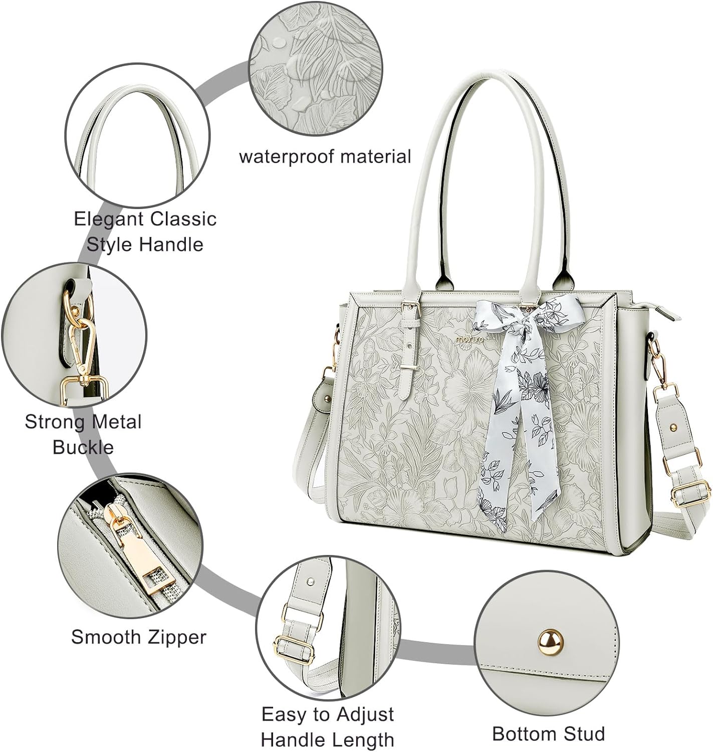 MOSISO Laptop Bag for Women, 15.6-16 inch PU Leathe Tote Bag Compatible with MacBook, HP, Dell, Asus Notebook, Front Embossed Retro Hibiscus Computer Bag with Silk Scarf&Clutch Purse, Beige iMosiso