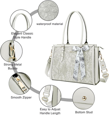 MOSISO Laptop Bag for Women, 15.6-16 inch PU Leathe Tote Bag Compatible with MacBook, HP, Dell, Asus Notebook, Front Embossed Retro Hibiscus Computer Bag with Silk Scarf&Clutch Purse, Beige iMosiso