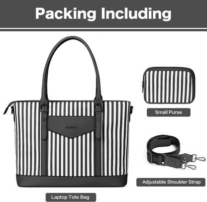 MOSISO Laptop Tote Bag for Women Compatible with MacBook Pro 16 inch, 15-15.6 inch Notebook, Waterproof Vertical Stripe PU Leather Travel Computer Bag with Envelope Pocket & Small Purse, Black iMosiso