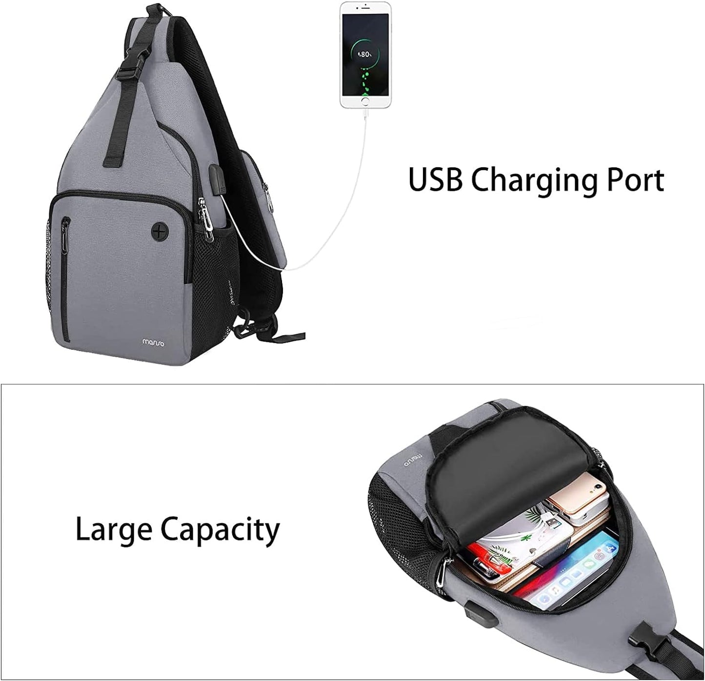 MOSISO Sling Backpack Bag, Crossbody Shoulder Bag Travel Hiking Daypack Chest Bag with Front Square Pocket&USB Charging Port,Gray iMosiso