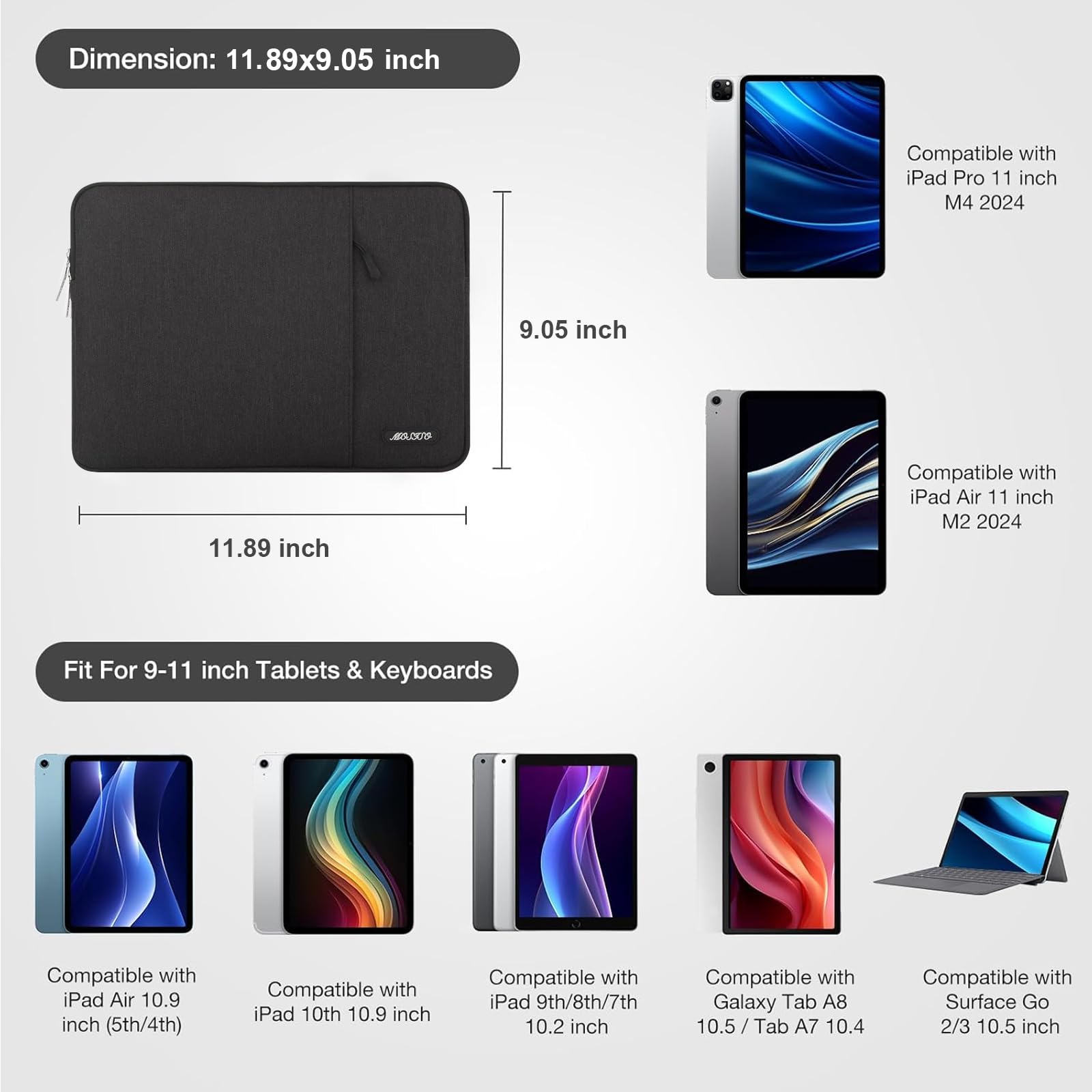MOSISO 12.9 inch Tablet Sleeve Case for iPad Pro 13 M4 & iPad Air 13 M3 M2, iPad Pro 12.9 M2 M1 6/5th with Magic Keyboard&Smart Keyboard Folio, Polyester Vertical Bag with Pocket, Black
