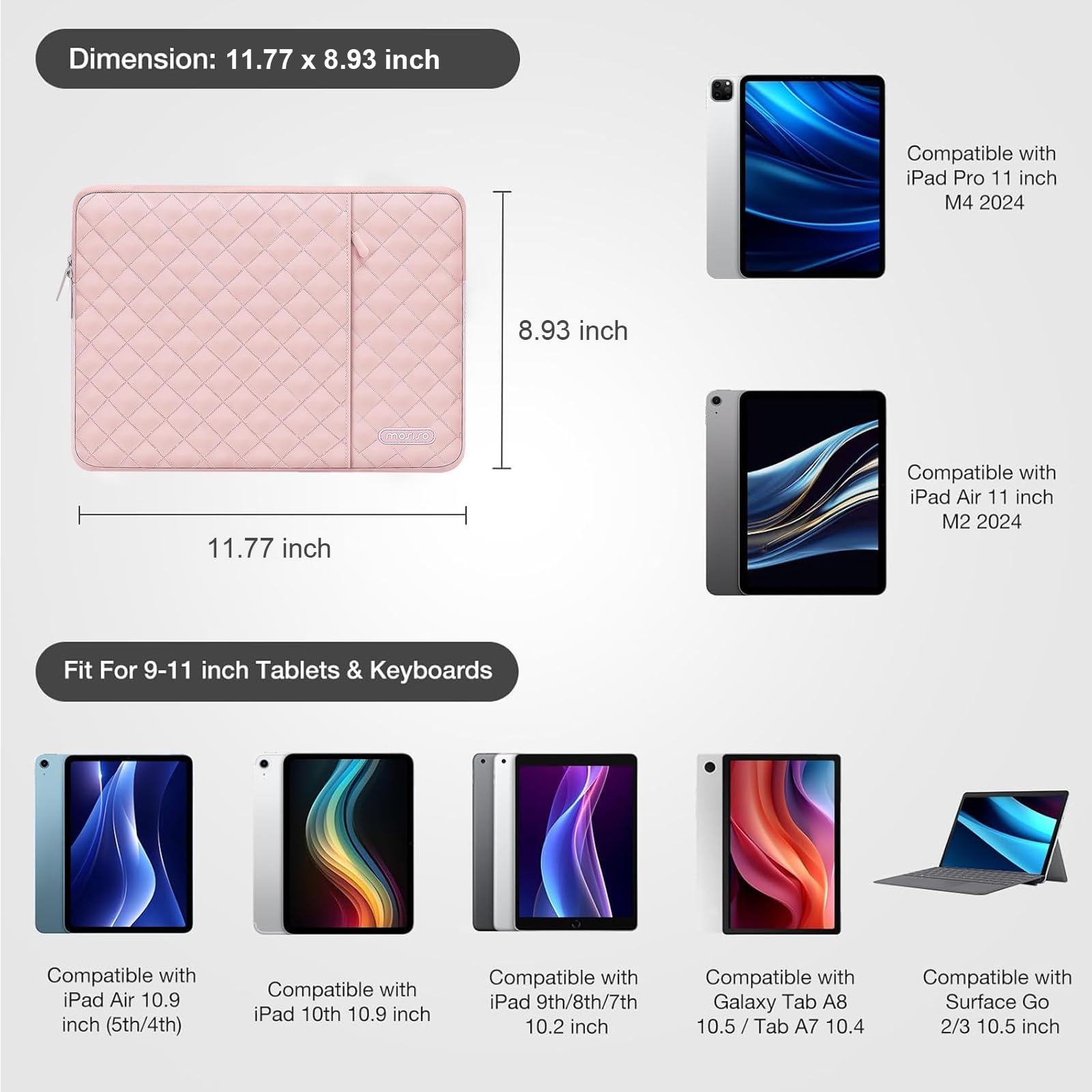 MOSISO 12.9 inch Tablet Sleeve Case for iPad Pro 13 M4 & iPad Air 13 M3 M2, iPad Pro 12.9 M2 M1 6/5th with Magic Keyboard&Smart Keyboard Folio, Square Quilted Vertical Bag with Small Case, Chalk Pink