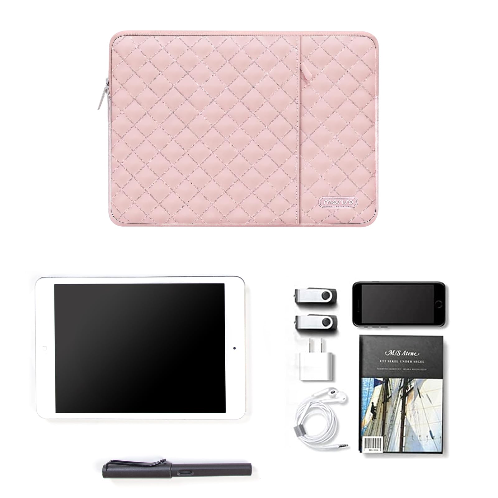 MOSISO 12.9 inch Tablet Sleeve Case for iPad Pro 13 M4 & iPad Air 13 M3 M2, iPad Pro 12.9 M2 M1 6/5th with Magic Keyboard&Smart Keyboard Folio, Square Quilted Vertical Bag with Small Case, Chalk Pink