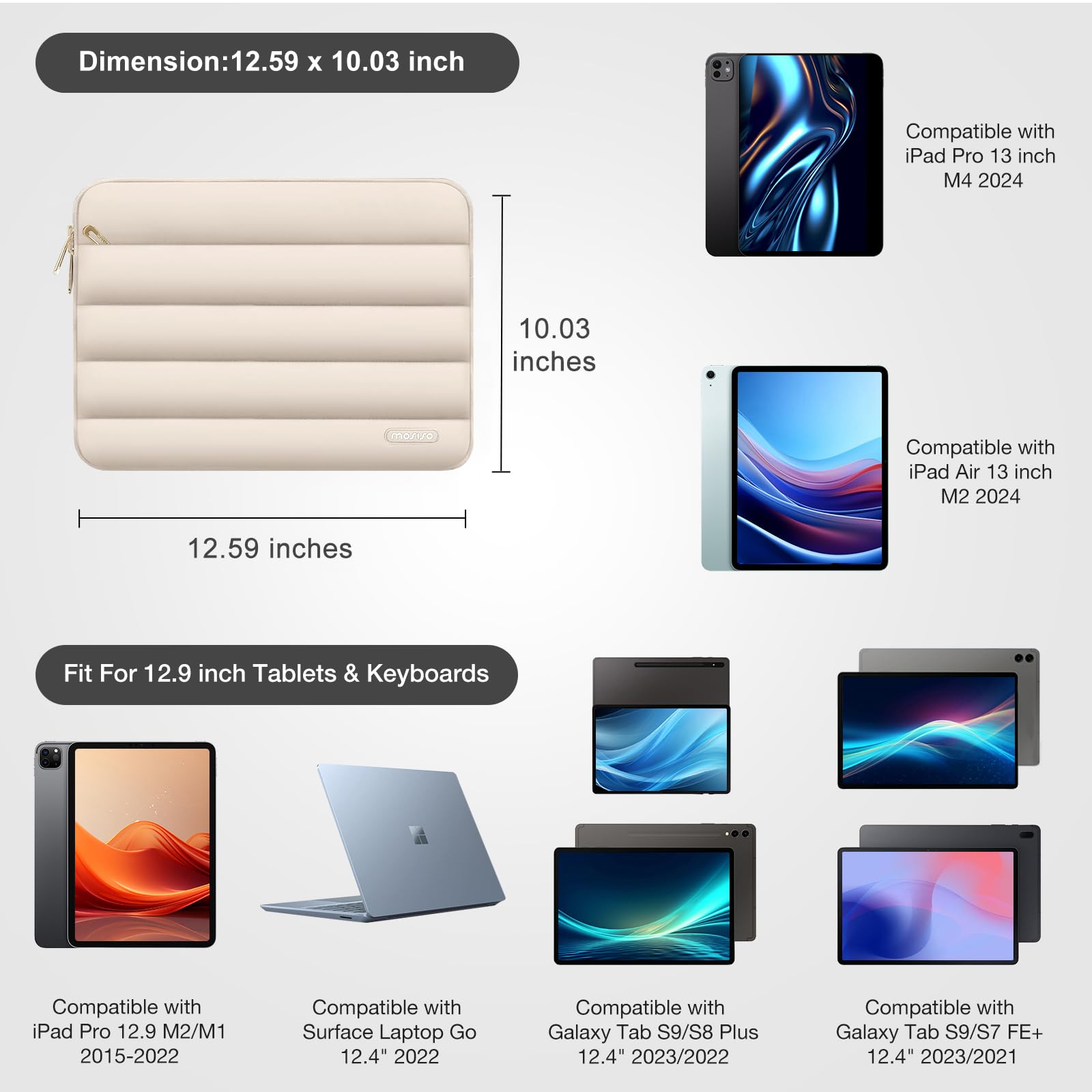 MOSISO 12.9 inch Tablet Sleeve Case for iPad Pro 13 M4 & iPad Air 13 M3 M2, iPad Pro 12.9 M2 M1 6/5th with Magic Keyboard&Smart Keyboard Folio, Puffy Horizontal Bag with Small Case, Sand