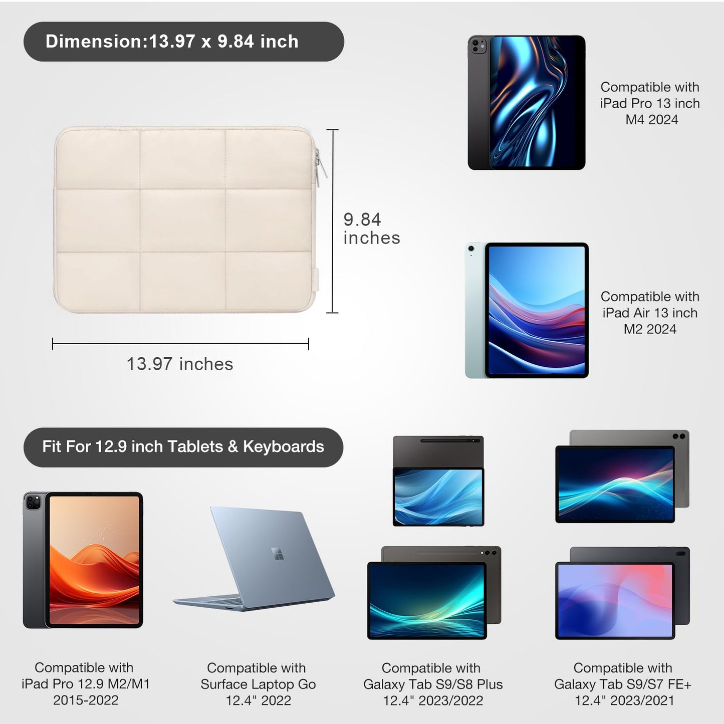 MOSISO 12.9 inch Tablet Sleeve Case for iPad Pro 13 M4 & iPad Air 13 | M3 M2 | iPad Pro 12.9 M2 M1 6/5th | with Magic Keyboard&Smart Keyboard Folio | Rectangle Quilted Puffy Carrying Case | Sand