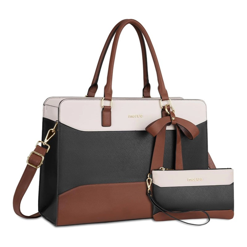 MOSISO PU‑Leather Women Laptop Tote Shoulder Bag, Multi‑Compartment Work Bag for 15.6‑17.3 Inch Laptops