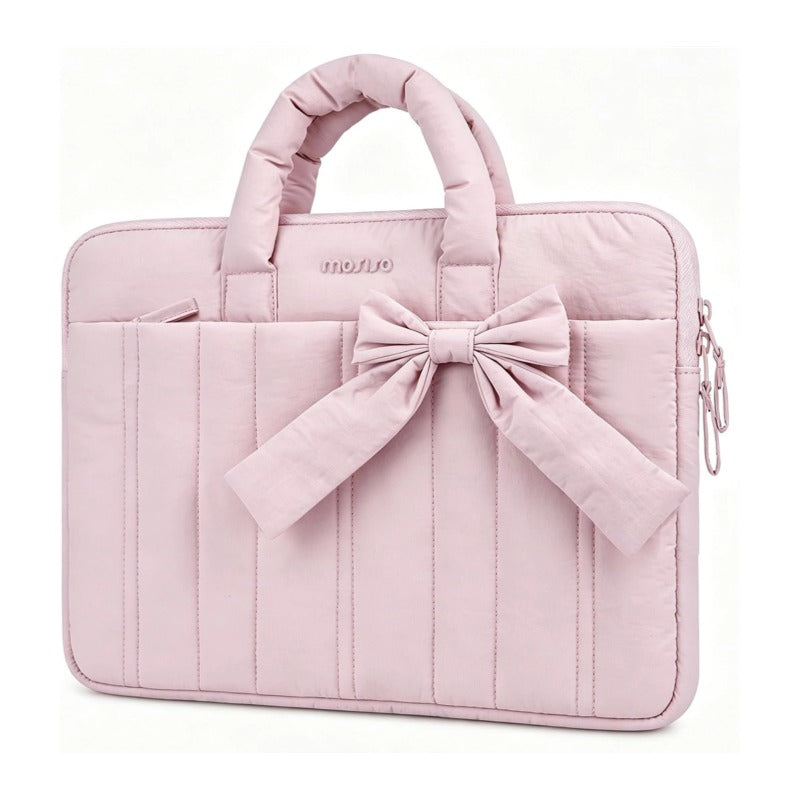 MOSISO Laptop Case 13.3-16 inch,Puffy Laptop Sleeve, Pink | Compatible with MacBook Neo/Air/Pro,HP Dell ASUS Lenovo, Rectangle Quilted Carrying Bag with Bow&Handle&Soft Lining
