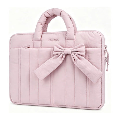 MOSISO Laptop Case 13.3-16 inch,Puffy Laptop Sleeve, Pink | Compatible with MacBook Neo/Air/Pro,HP Dell ASUS Lenovo, Rectangle Quilted Carrying Bag with Bow&Handle&Soft Lining