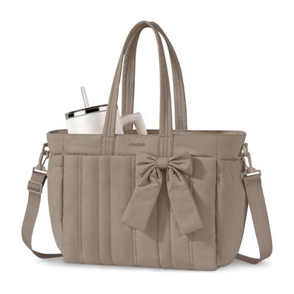 MOSISO Quilted‑Puffy Laptop Tote Bag for Women, Water‑Resistant Multi‑Pocket Work Tote with Built‑In Cup Holder, Anti‑Theft Back Pocket, Rear Trolley Sleeve & Removable Adjustable Shoulder Strap, Fits 14‑17.3 Inch Laptops